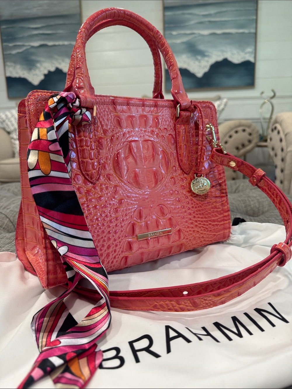 Brahmin Bag Cami Coral Snapdragon Melbourne Croc Leather Satchel Tote Crossbody - Picture 3 of 17